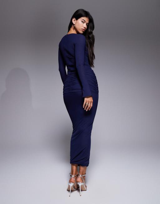 Ruched & Ready - Marineblå maxinederdel i mesh med rynker og draperingsdetalje samt bodycon-pasform - Del af sæt, 4 af 5
