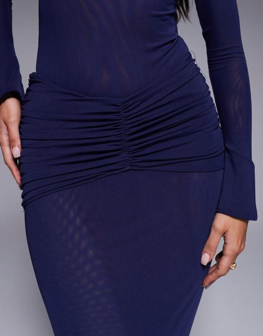 Ruched & Ready - Marineblå maxinederdel i mesh med rynker og draperingsdetalje samt bodycon-pasform - Del af sæt, 5 af 5