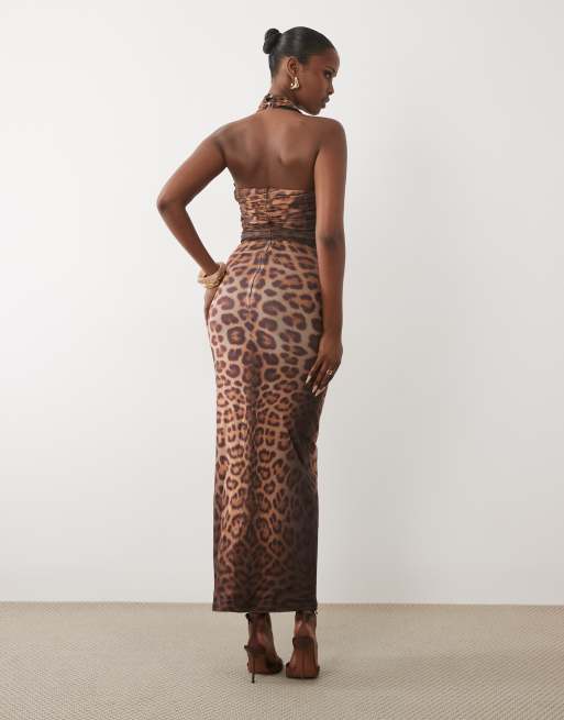 Ruched & Ready mesh cross front halterneck drape waist detail maxi dress in dark leopard, 3 of 4