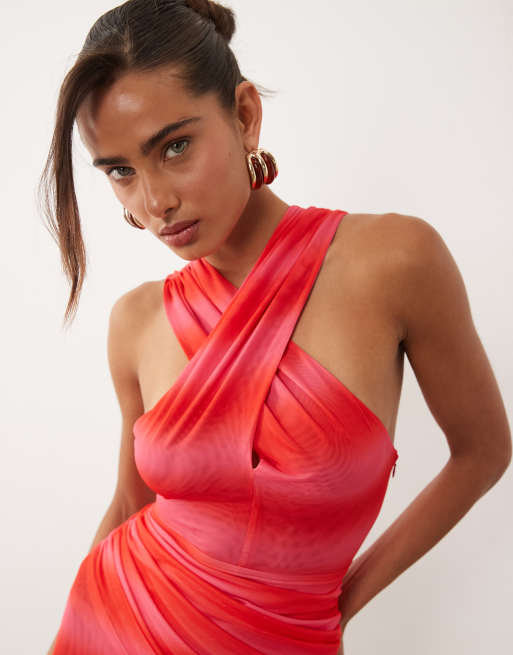 Ruched & Ready mesh cross front racer drape waist detail mini dress in red and pink ombre stripe, 3 of 4
