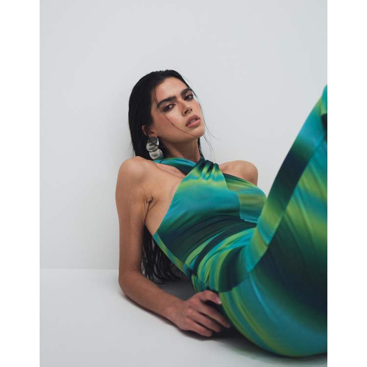 green blue ombre dress Ruched & Ready mesh cross front racer neck draped waist detail maxi in and ombré ready summer nights.