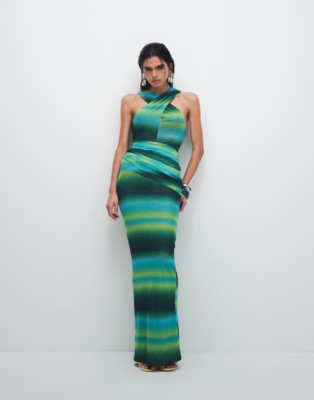 blue and green mesh dress Ruched & Ready cross front racer neck draped waist detail maxi in ombré Tibi Fashion Collections For st-summer-dresses Style:E25DR1760011001W Crafted from a stretchy