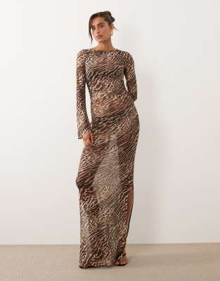 Ruched & Ready mesh flared long sleeve maxi dress in leopard print