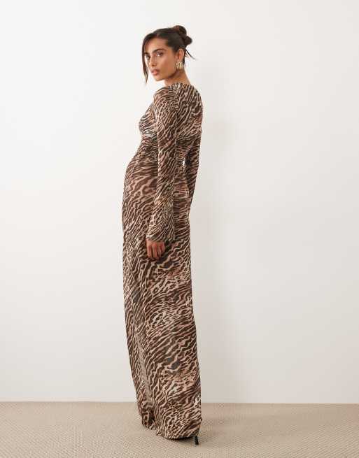 Ruched & Ready mesh flared long sleeve maxi dress in leopard print, 4 of 4