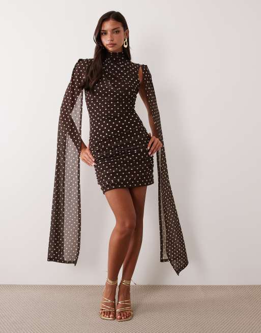 Ruched & Ready mesh high neck cape detail mini dress in chocolate polka dot, 2 of 4
