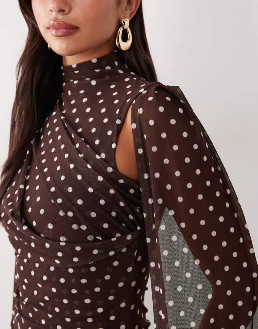 Ruched & Ready mesh high neck cape detail mini dress in chocolate polka dot, 3 of 4