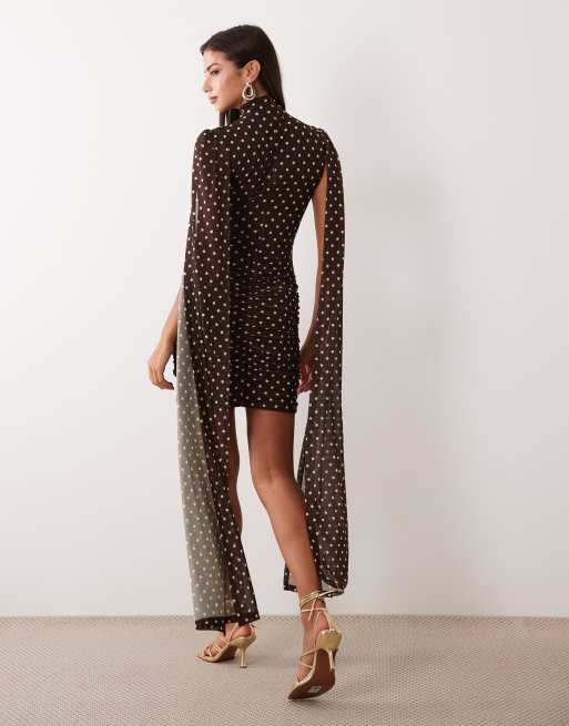 Ruched & Ready mesh high neck cape detail mini dress in chocolate polka dot, 4 of 4