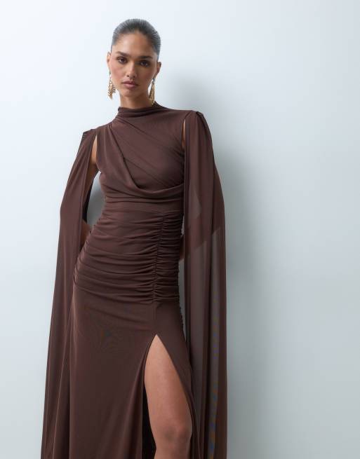 Ruched & Ready mesh high neck cape detail ruched thigh split maxi dress in chocolate, 3 of 4
