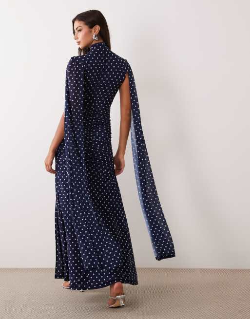 Ruched & Ready mesh high neck cape detail thigh split maxi dress in navy polka dot, 3 of 4
