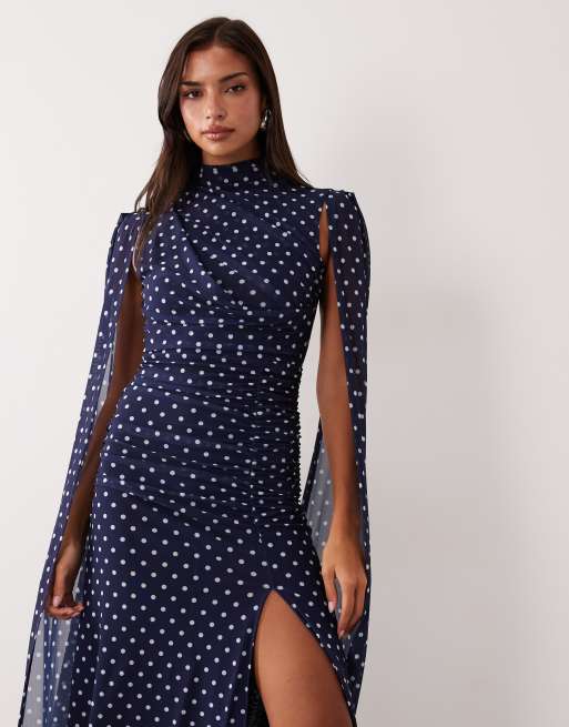 Ruched & Ready mesh high neck cape detail thigh split maxi dress in navy polka dot, 4 of 4