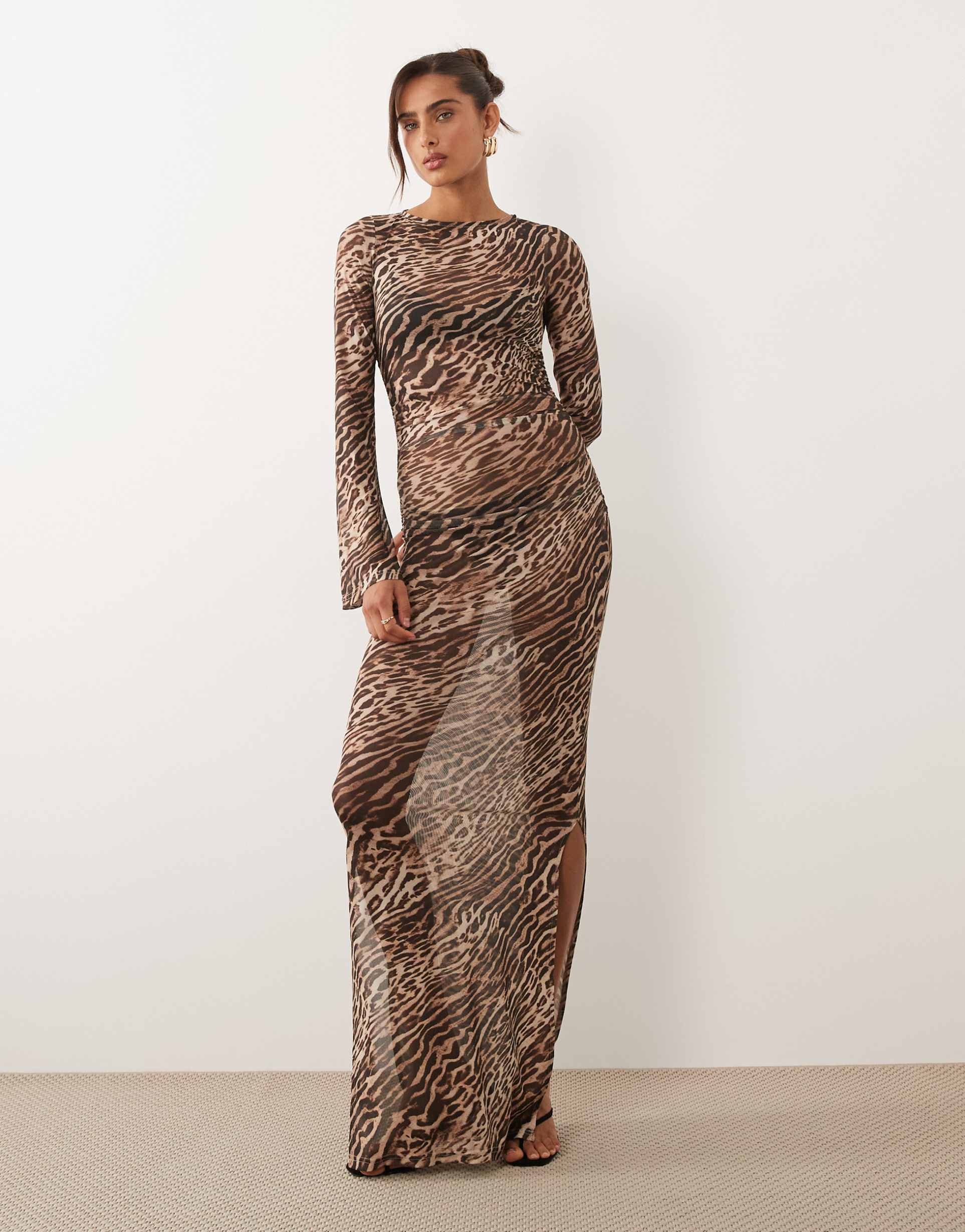 ruched & ready mesh long flared sleeves maxi dress in leopard print