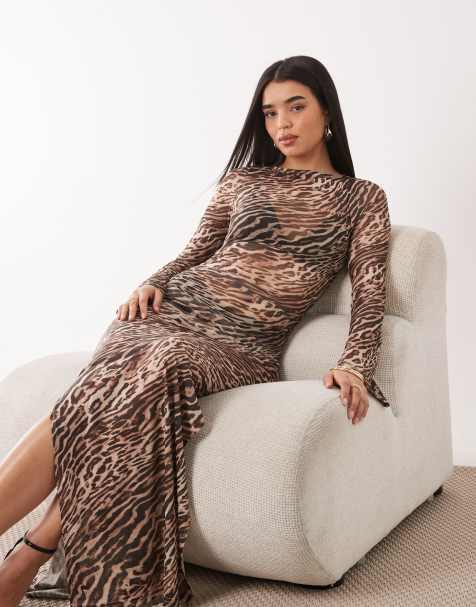 Ruched & Ready mesh flared long sleeve maxi dress in leopard print