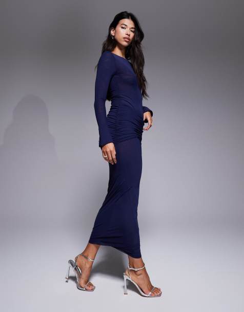 Ruched & Ready mesh long sleeve bodysuit and mesh ruched drape detail bodycon maxi skirt co-ord in navy - view 1