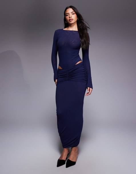 Ruched & Ready mesh ruched drape detail bodycon maxi skirt in navy -part of a set - view 1