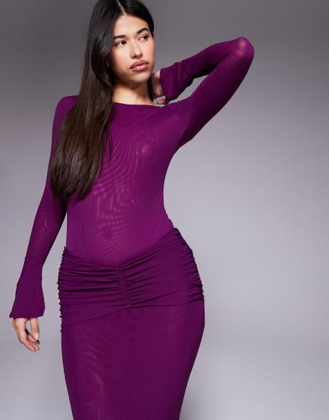 Ruched & Ready mesh slash neck flare sleeve bodysuit co-ord in plum - view 1