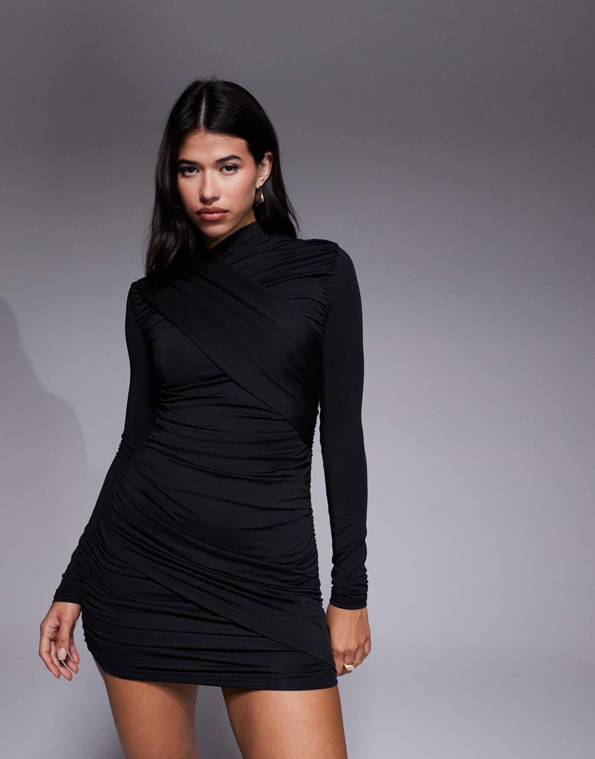Ruched & Ready Miss Me sculpted cross over bust and skirt detail mini dress in black
