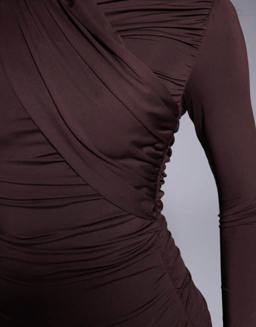 Ruched & Ready Miss Me sculpted cross over bust and skirt detail mini dress in chocolate