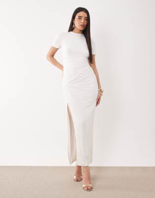 Ruched & Ready Miss Me Yet Sculpted Jersey Knot Waist Detail T-shirt Maxi Dress In White