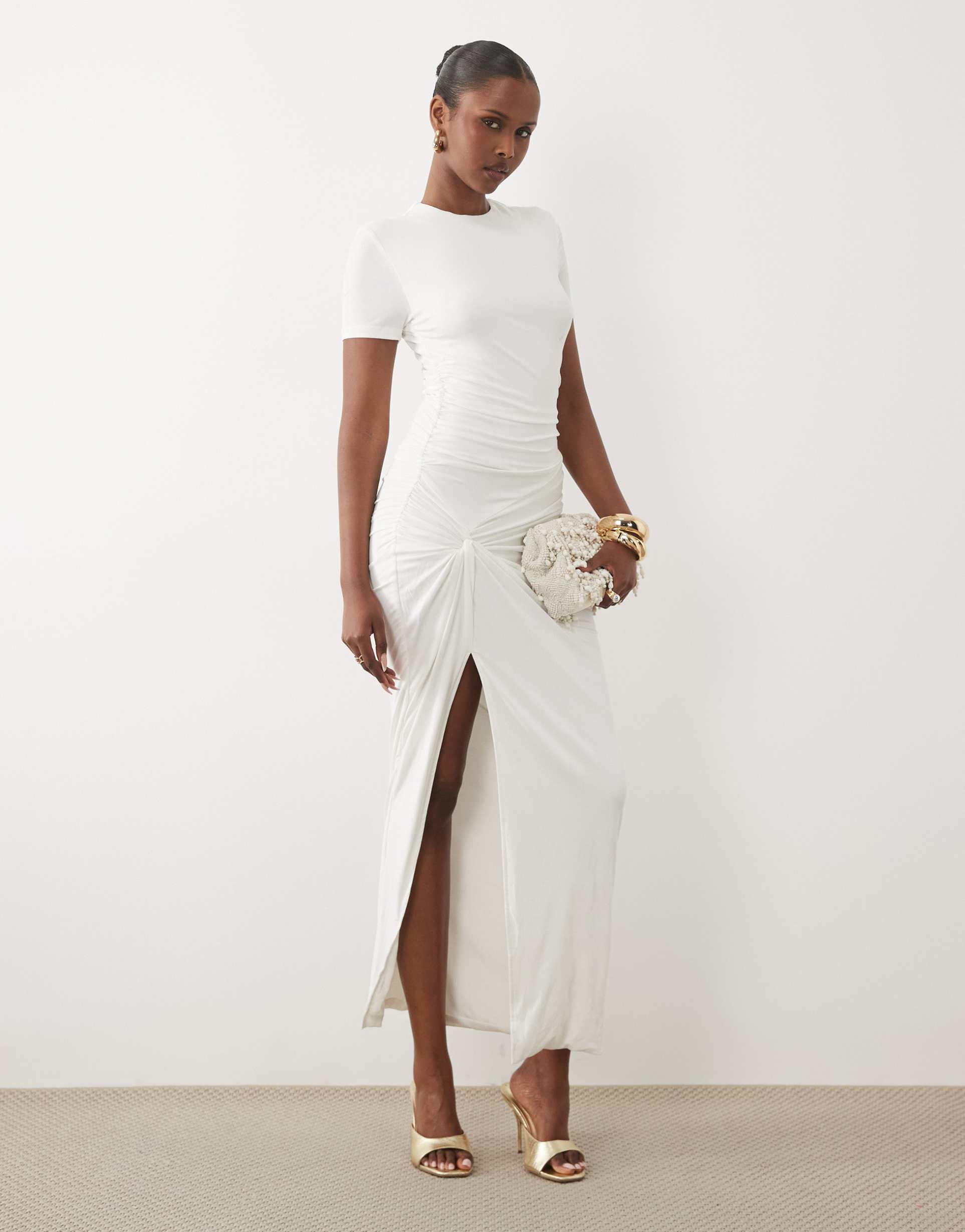 ruched & ready miss me yet sculpted jersey knot waist detail t-shirt maxi dress in white