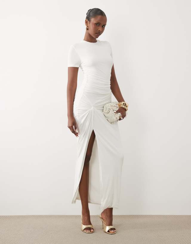 ruched jersey maxi dress & Ready Miss Me Yet sculpted knot waist detail T-shirt in white Mesh dress