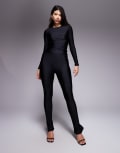 [Ruched & Ready] Ruched & Ready mix and match sculpting high shine front seam back split leggings in black (Part of a set) XL BLACK