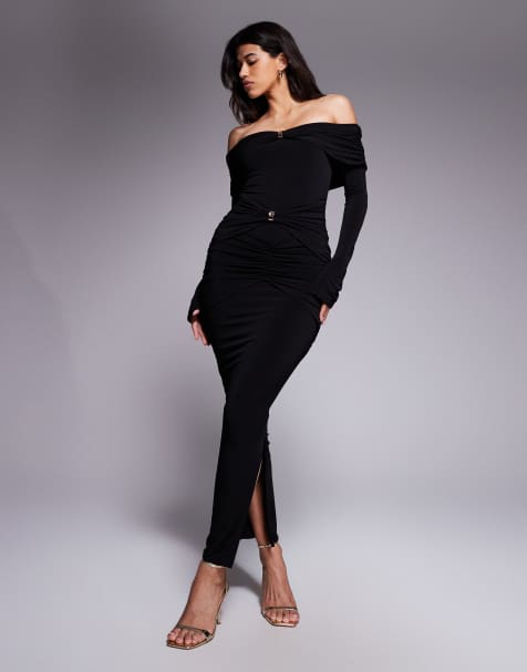 Ruched & Ready sculpted off shoulder gold hardware detail ruched bodycon maxi dress in black