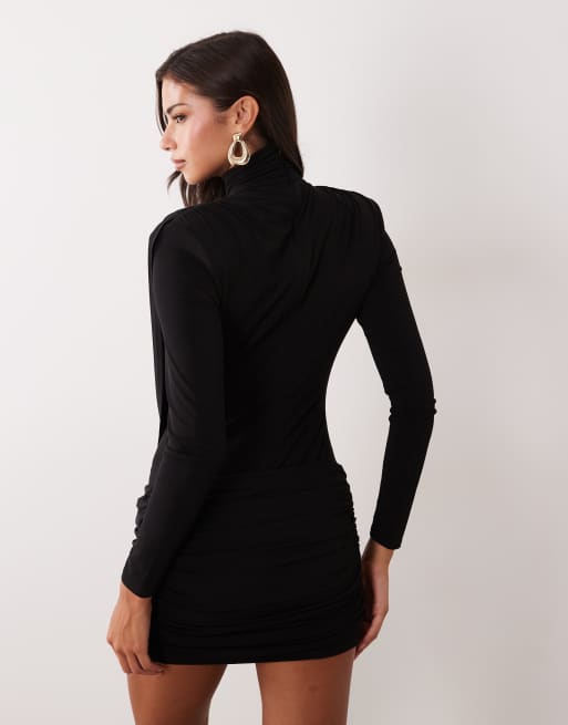 Ruched & Ready On My Level sculpted drape front mini dress in black, 4 of 4
