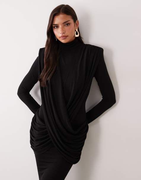 Ruched & Ready On My Level sculpted high neck drape front maxi dress in black - view 1