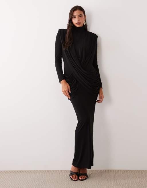 Ruched & Ready On My Level sculpted high neck drape front maxi dress in black, 2 of 4