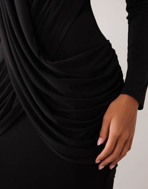Ruched & Ready On My Level sculpted high neck drape front maxi dress in black, 3 of 4