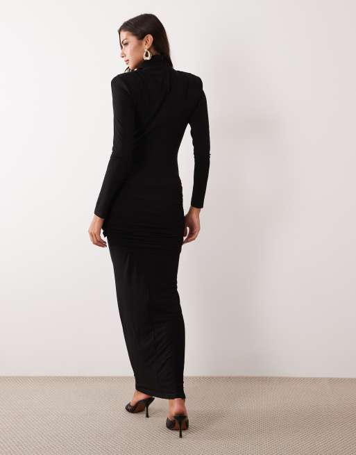 Ruched & Ready On My Level sculpted high neck drape front maxi dress in black, 4 of 4