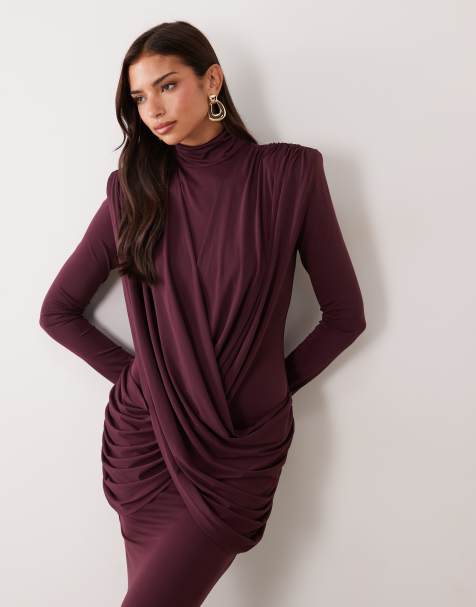 Ruched & Ready On My Level sculpted high neck drape front maxi dress in plum - view 1