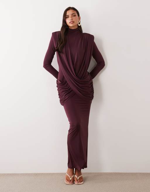 Ruched & Ready On My Level sculpted high neck drape front maxi dress in plum, 2 of 4