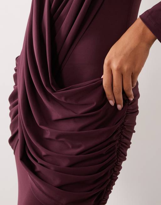 Ruched & Ready On My Level sculpted high neck drape front maxi dress in plum, 3 of 4