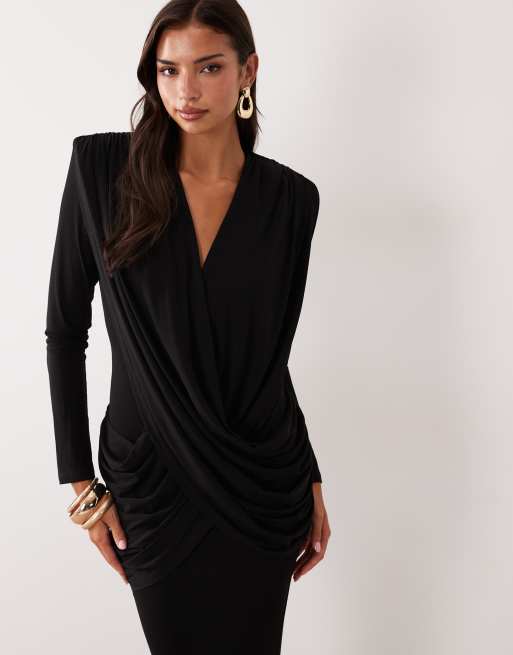 Ruched & Ready On My Level sculpted plunge neck drape front maxi dress in black, 2 of 4
