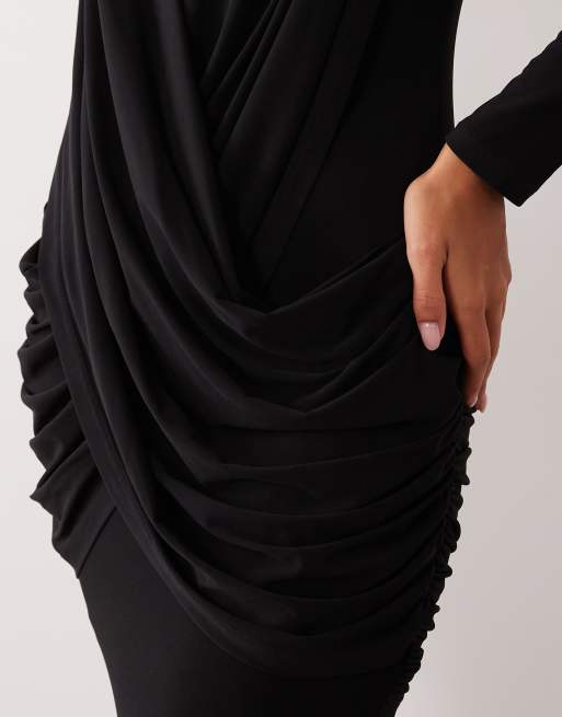 Ruched & Ready On My Level sculpted plunge neck drape front maxi dress in black, 4 of 4