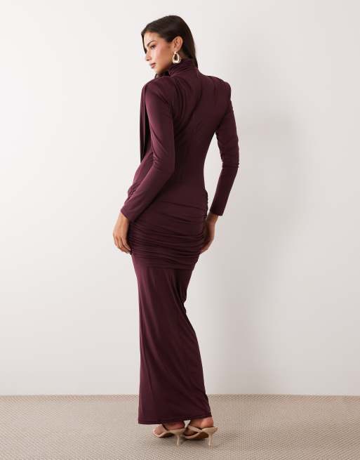 Ruched & Ready On My Level sculpted plunge neck drape front maxi dress in plum, 4 of 4