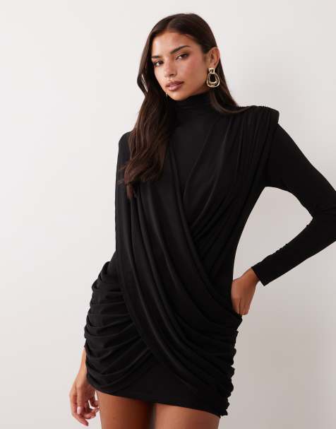 Ruched & Ready On My Level vestido mini negro con drapeado frontal moldeado - view 1