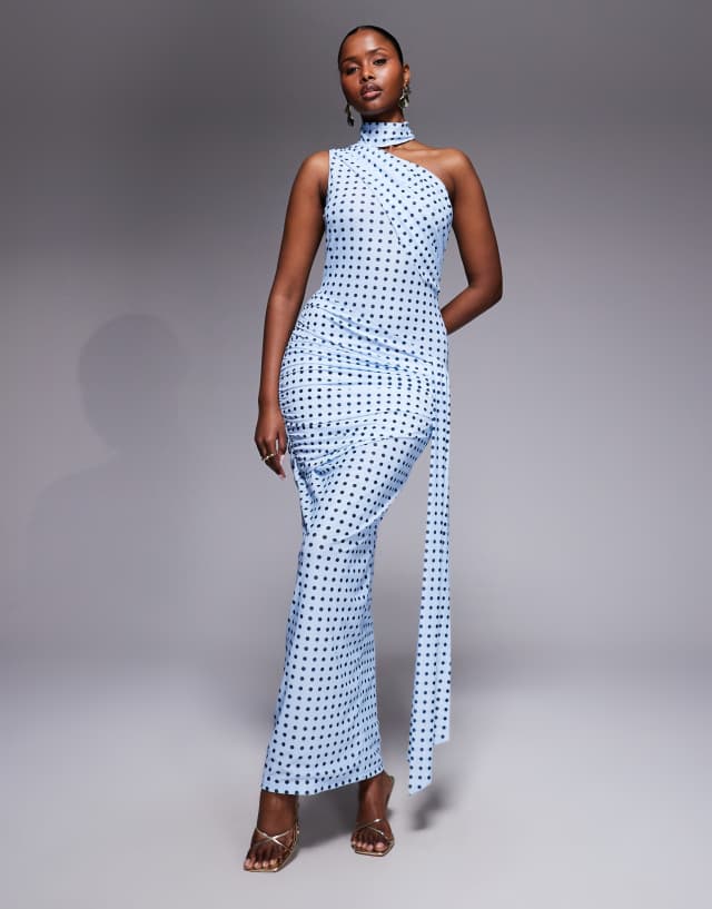 pale blue polka dot dress Ruched & Ready one shoulder halterneck scarf detail ruched waist maxi in soft dots White polka