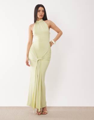 Ruched & Ready Premium Butter Touch Sculpting Halterneck Drape Waist Detail Maxi Dress In Yellow