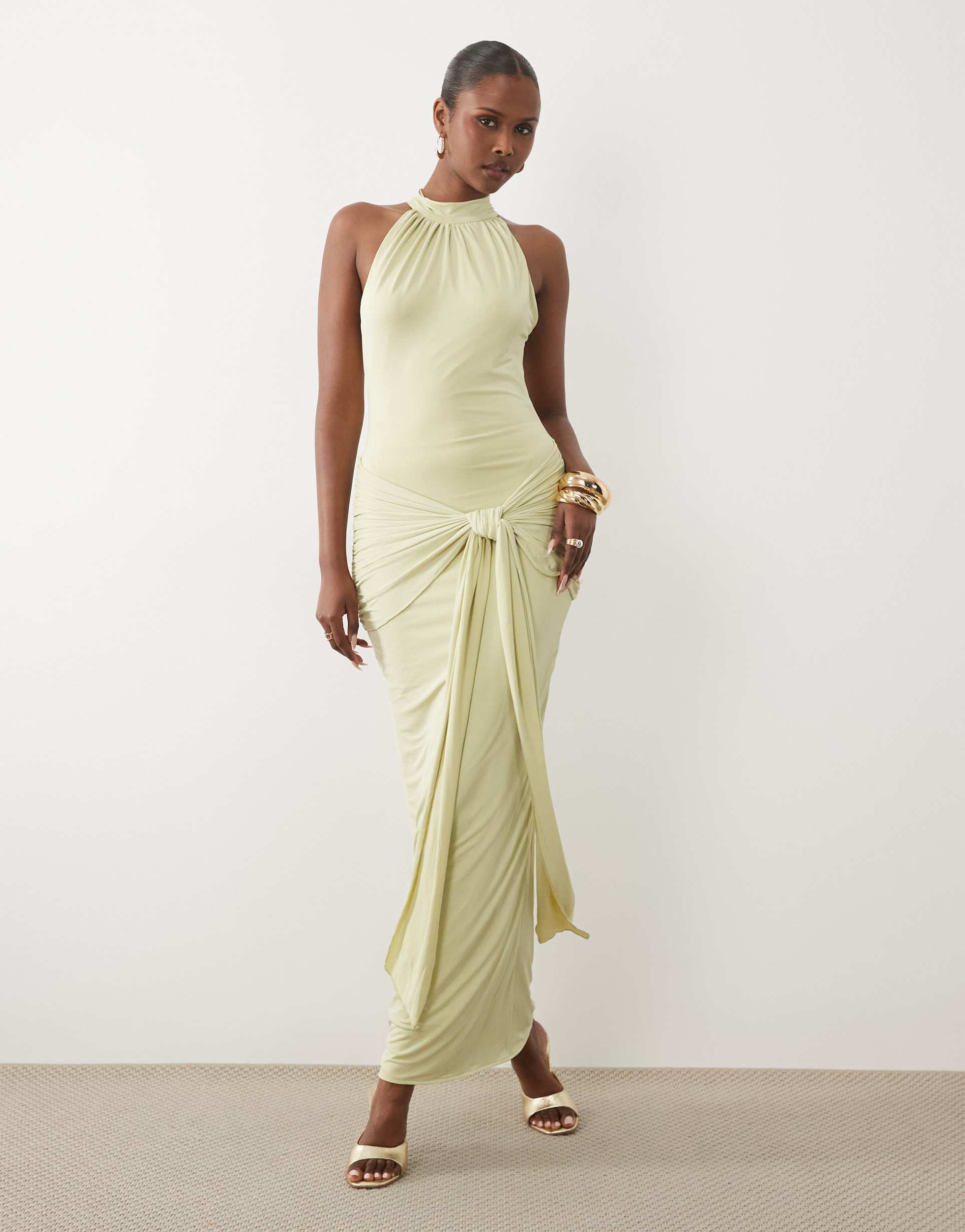 ruched & ready premium butter touch sculpting halterneck drape waist detail maxi dress in lime