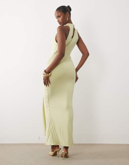 Ruched & Ready premium butter touch sculpting halterneck drape waist detail maxi dress in lime, 4 of 4
