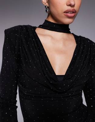 Ruched & Ready Removable Shoulder Pad Detail Choker Cowl Neck Sculpting Hotfix Mini Dress In Black