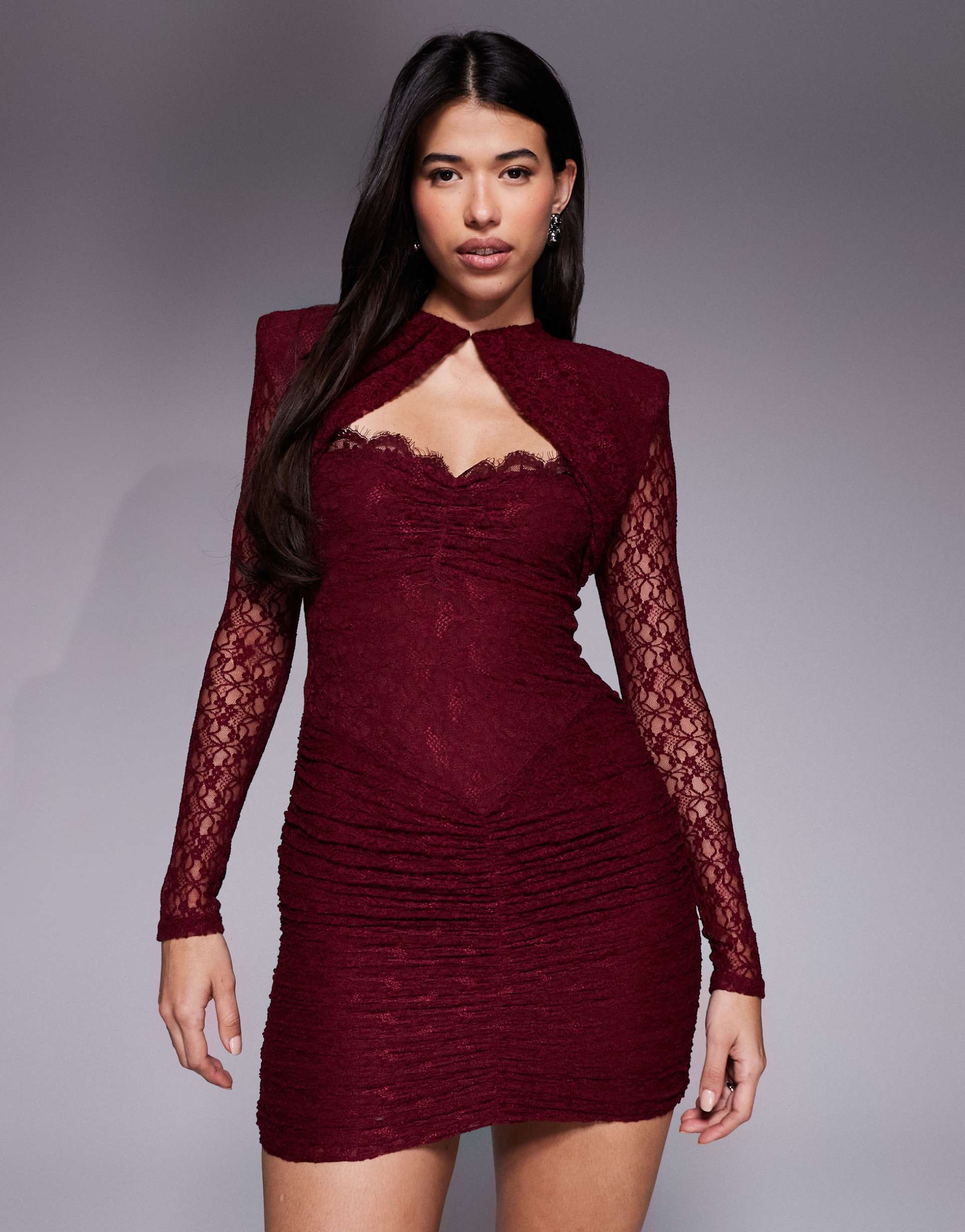 ruched & ready removable shoulder pad detail cut-out sweetheart sculpting lace mini dress in wine