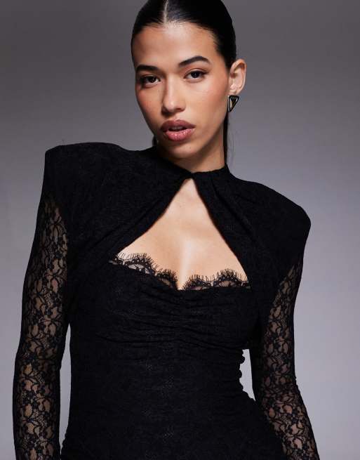 Ruched & Ready removable shoulder pad detail cutout sweetheart sculpting lace mini dress in black, 4 of 4
