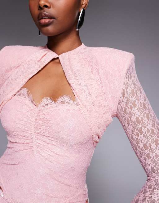 Ruched & Ready removable shoulder pad detail cutout sweetheart sculpting lace mini dress in pink, 3 of 4