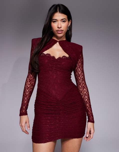 Ruched & Ready removable shoulder pad detail cutout sweetheart sculpting lace mini dress in wine - view 1