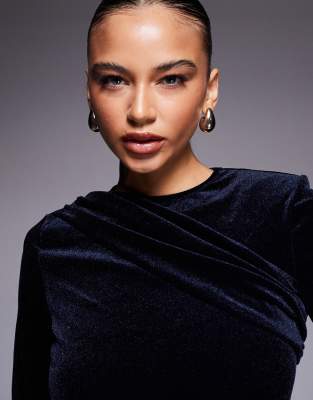 Ruched & Ready Removable Shoulder Pad Detail Drape Front Long Sleeve Sculpting Velvet Bodysuit In Black