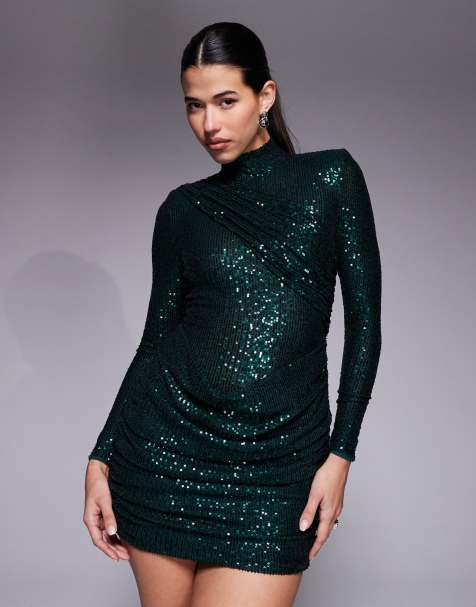 Ruched & Ready removable shoulder pad detail high neck drape front ruched skirt sequin mini dress in emerald - view 1
