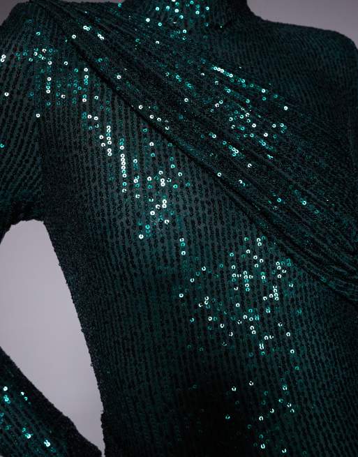 Ruched & Ready removable shoulder pad detail high neck drape front ruched skirt sequin mini dress in emerald, 4 of 4